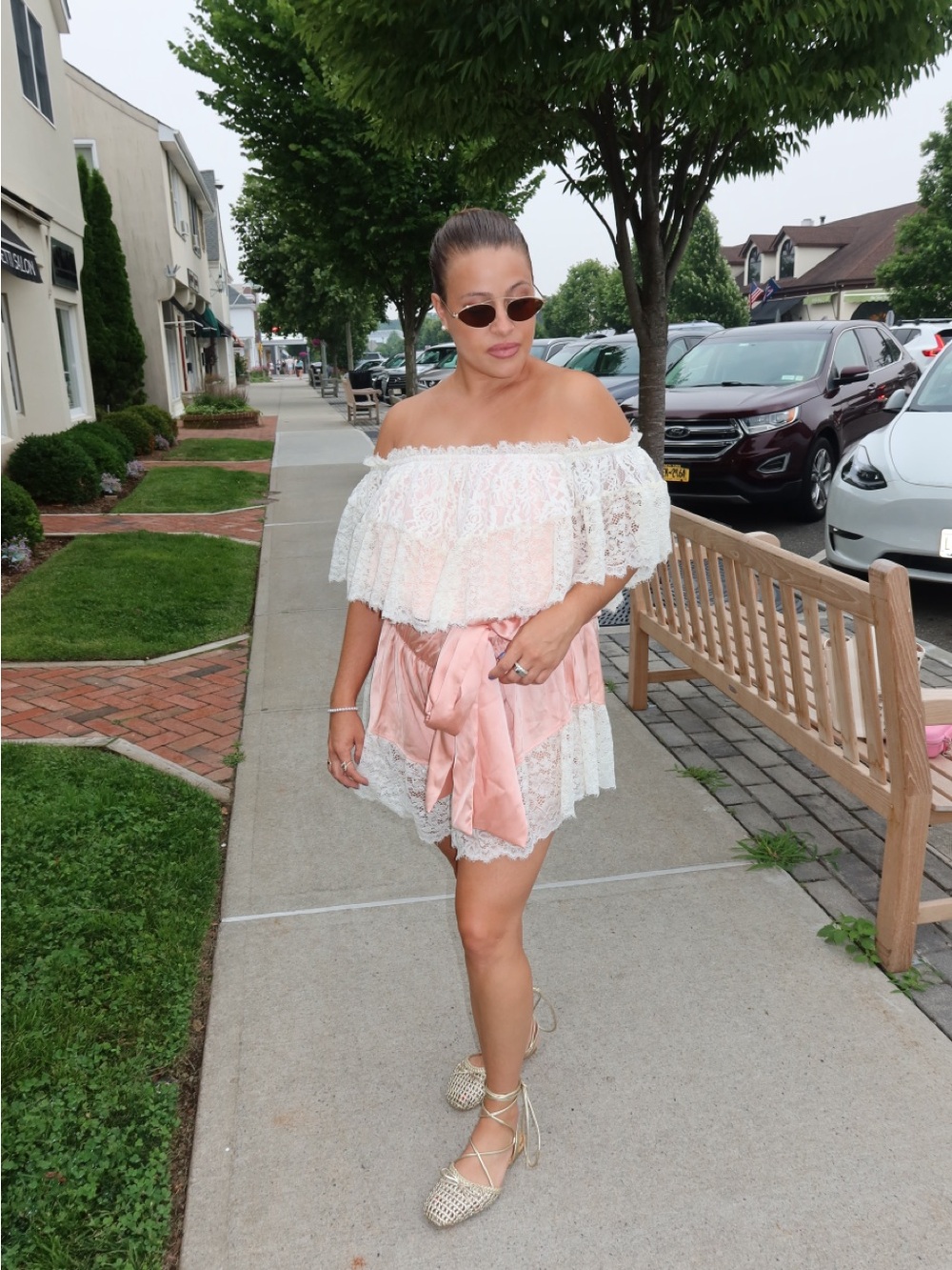 PrettyLittleThing White Lace & Pink Satin Off-Shoulder Mini Dress